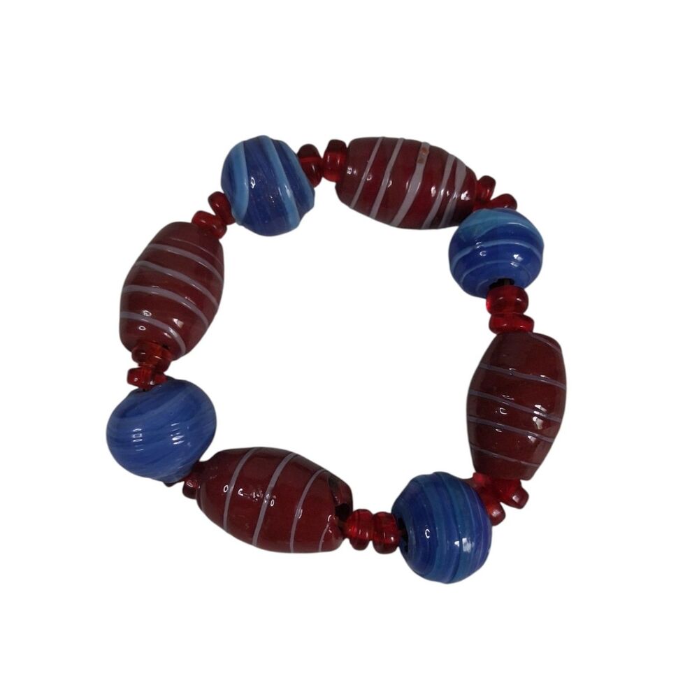 Handmade Blue Red Striped Assorted Glass Beaded Stretchy Bracelet Fair Condition